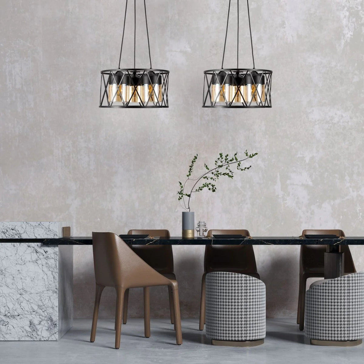 Black Caged Metal Amber Cylinder Glass Chandelier Ceiling Light 3xE27