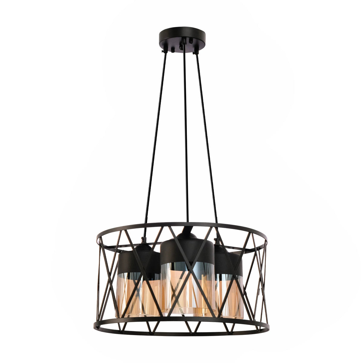 Black Caged Metal Amber Cylinder Glass Chandelier Ceiling Light 3xE27