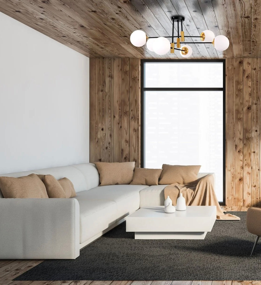 Opal Glass Globe Gold and Black Metal Semi Flush Ceiling Light E27