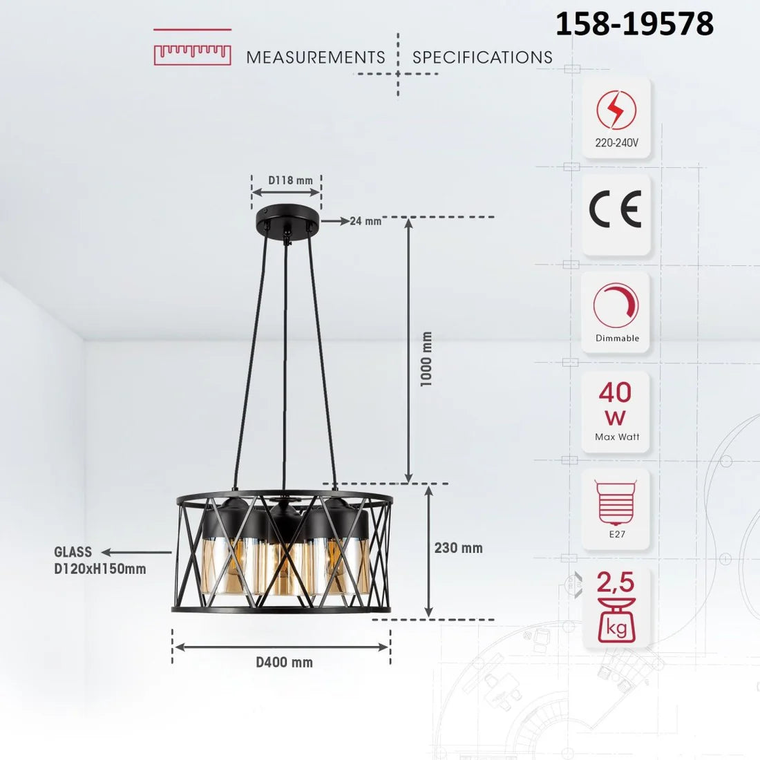 Black caged cylinder glass pendant