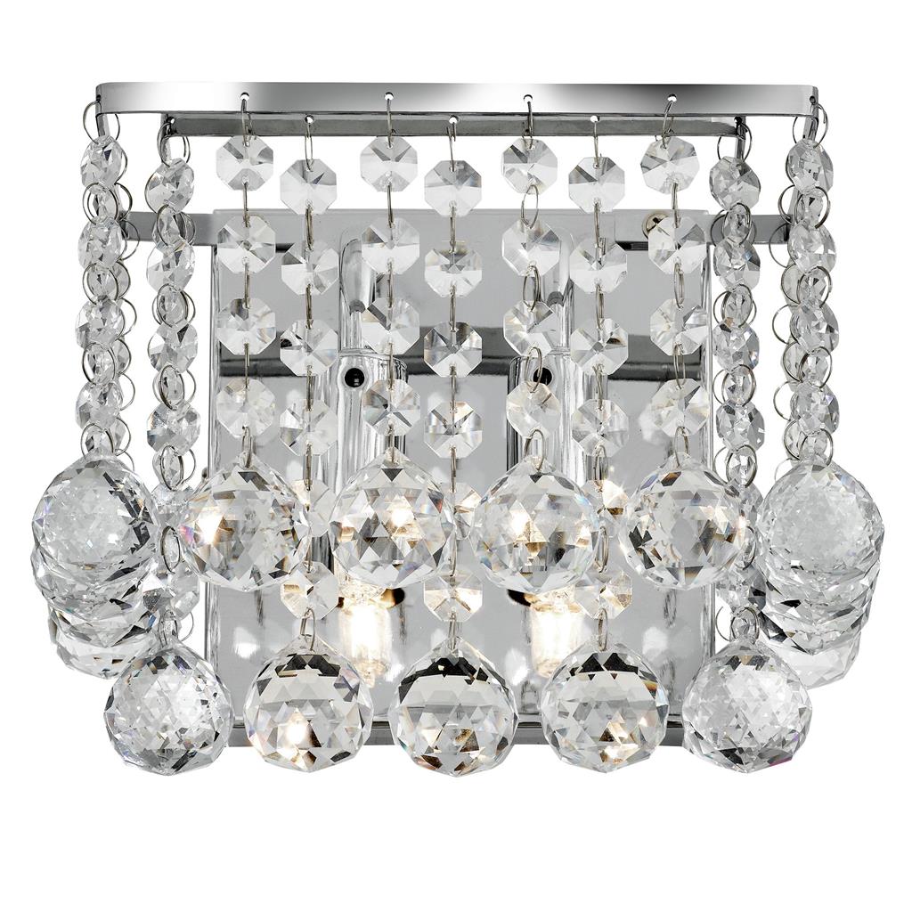 Searchlight 5402-2CC Hanna 2 Light Chrome Square Wall Light - Clear Crystal Ball