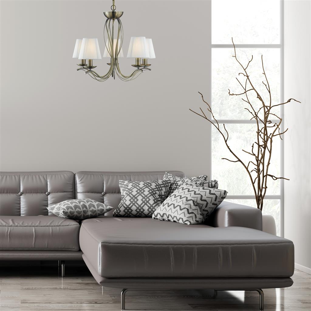 Searchlight 9825-5AB Andretti 5 Light Ceiling Pendant - Antique Brass & Ivory Shades RRP £199