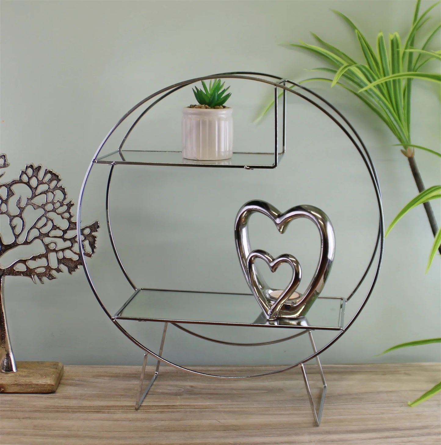 Silver Metal Freestanding Shelving Unit With Mirrored Shelves