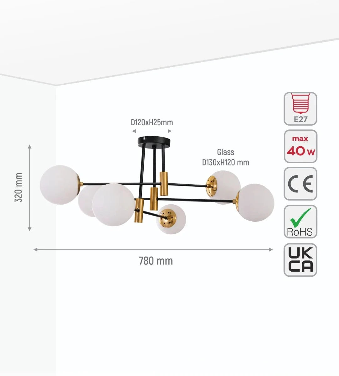 Opal Glass Globe Gold and Black Metal Semi Flush Ceiling Light E27