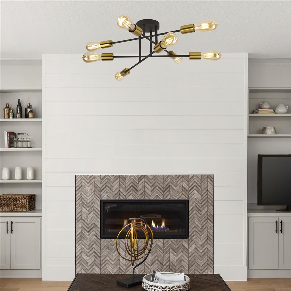 8Lt Semi-Flush - Black & Satin Brass Metal