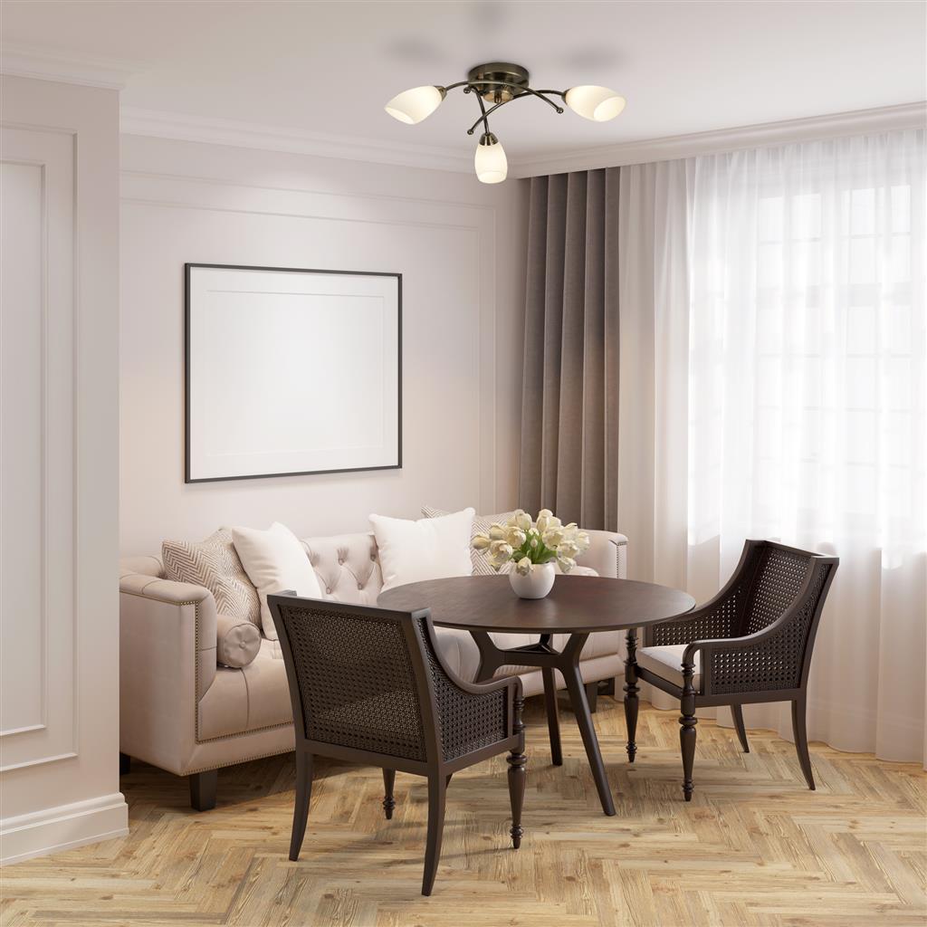 3Lt Flush - Antique Brass Metal/Chrome & Opal Glass