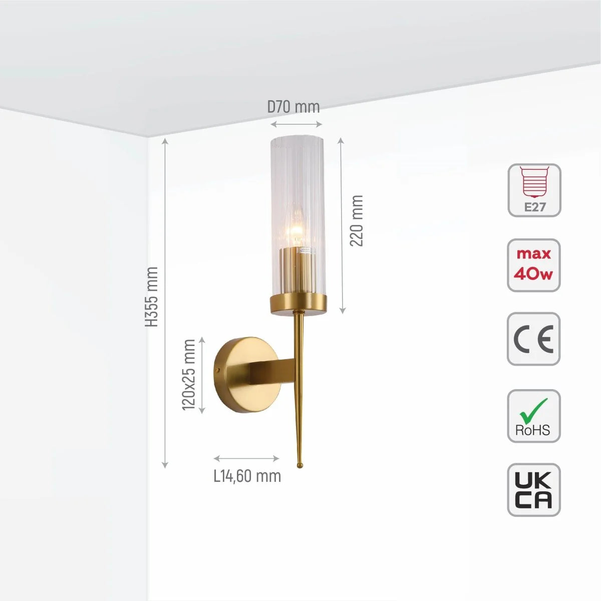 Cylinder Clear Reeded Glass Fluted Wall Light E27