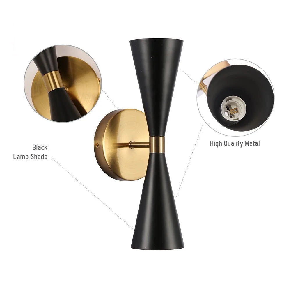 Gold Aluminium Metal Body Black Cone Wall Light 2xE27 Fitting