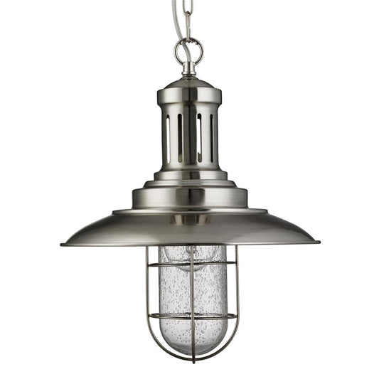 5401SS Fisherman Caged Ceiling Pendant - Satin Silver & Seeded Glass