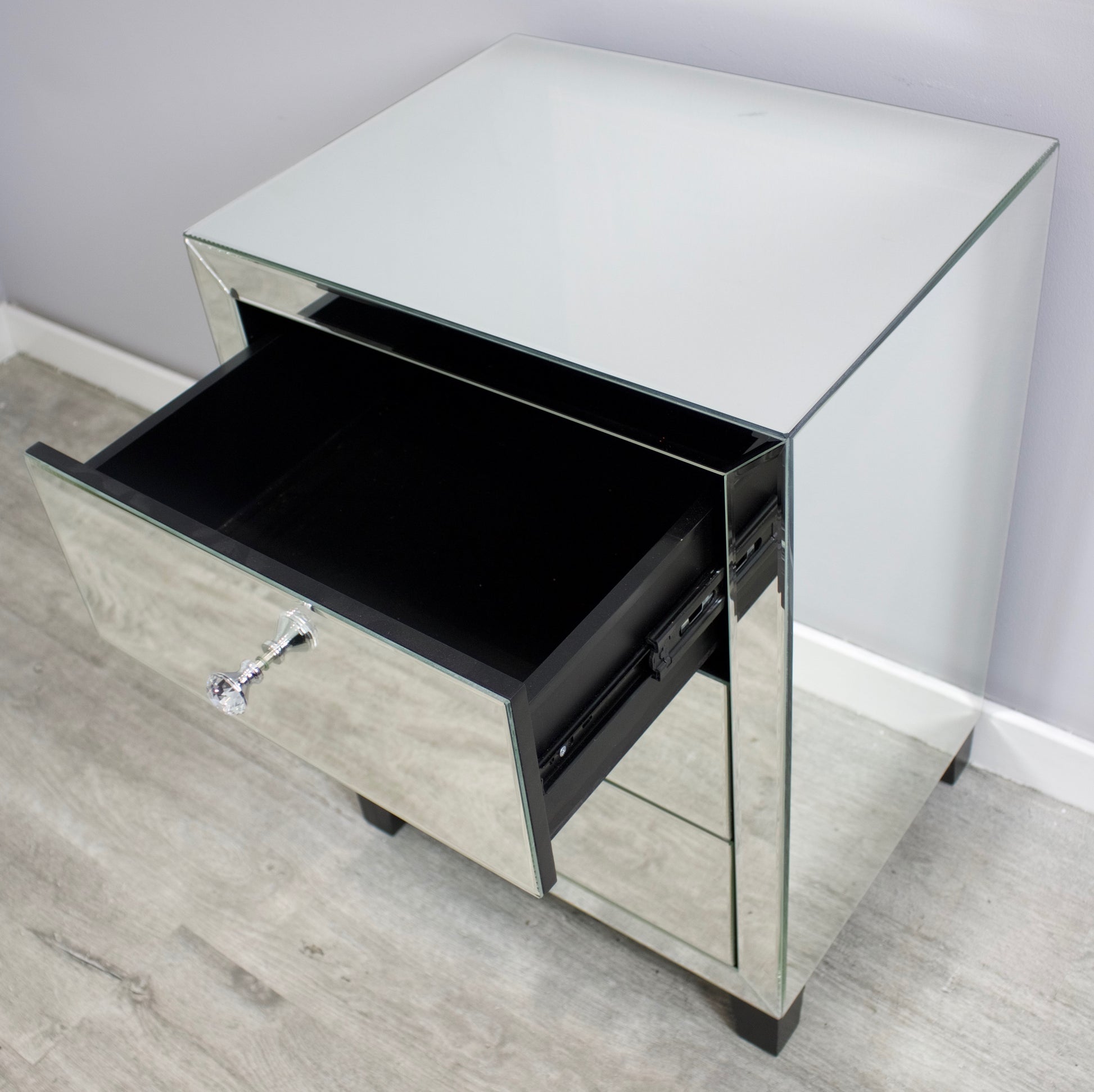 Mirrored bedside online table 3 drawer